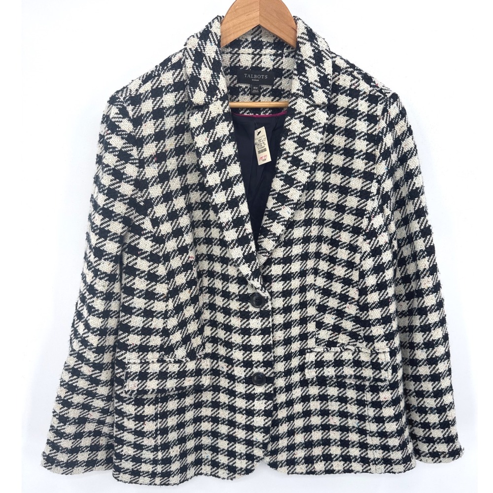 Talbots Blazer Jacket 16W Black White Houndstooth Wool Tweed Confetti NWT $189